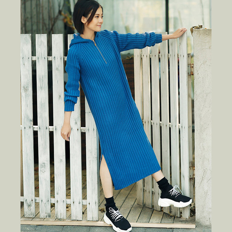 Ästhetische blaue Pullover-Outfits plus Größe Tunika mit seitlich offenem Strickkleid und Kapuze
