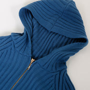 Aesthetic blue Sweater outfits plus size tunic hooded side open knit dress