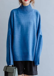 Aesthetic blue knitted pullover high neck plus size clothing fall knit sweat tops - SooLinen