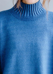 Aesthetic blue knitted pullover high neck plus size clothing fall knit sweat tops - SooLinen