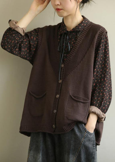 Aesthetic chocolate casual v neck sleeveless knit outwear - SooLinen