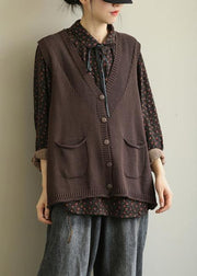 Aesthetic chocolate casual v neck sleeveless knit outwear - SooLinen
