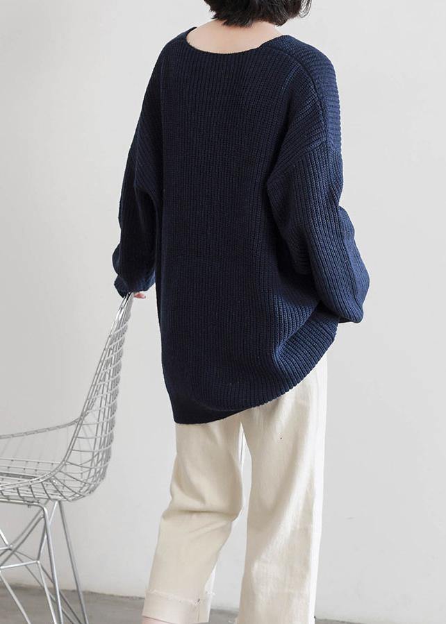 Aesthetic dark blue sweater tops v neck Batwing Sleeve casual knit tops - SooLinen