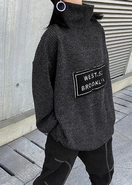 Aesthetic dark gray knit blouse high neck Letter plus size Winter sweaters - SooLinen