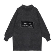 Aesthetic dark gray knit blouse high neck Letter plus size Winter sweaters - SooLinen
