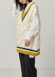 Aesthetic fall beige knitted blouse oversize v neck sleeveless knit tops - SooLinen