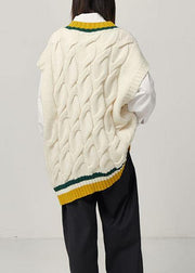 Aesthetic fall beige knitted blouse oversize v neck sleeveless knit tops - SooLinen