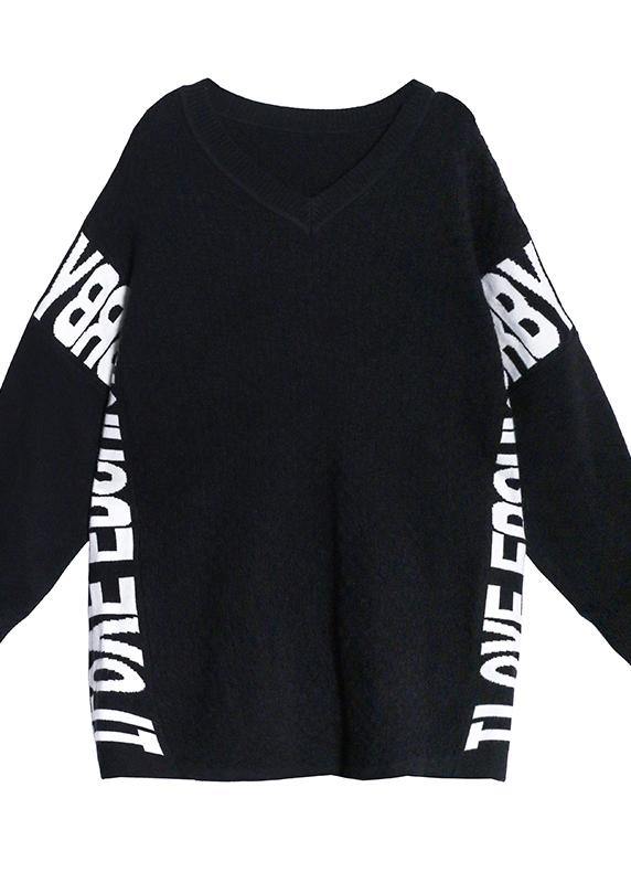 Aesthetic fall black Letter sweaters casual o neck knitted t shirt - SooLinen