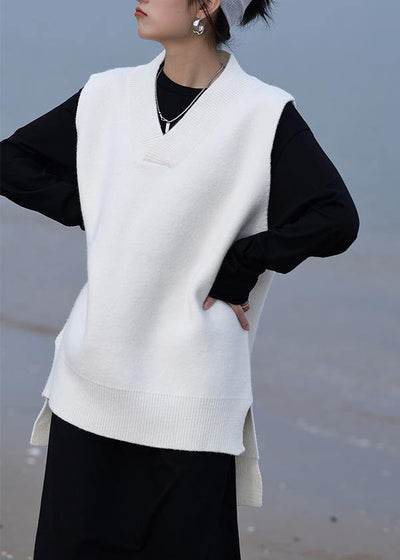 Aesthetic fall white knit sweat tops oversized v neck low high design tops - SooLinen