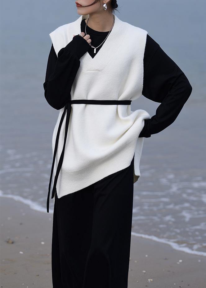 Aesthetic fall white knit sweat tops oversized v neck low high design tops - SooLinen