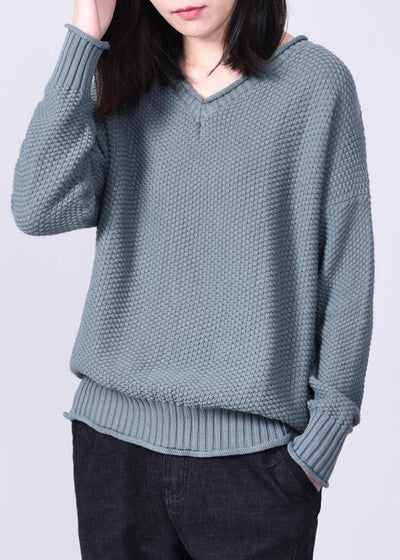 Aesthetic gray blue knit pullover oversized v neck sweaters autumn - SooLinen