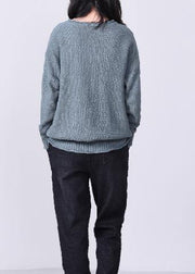 Aesthetic gray blue knit pullover oversized v neck sweaters autumn - SooLinen