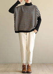 Aesthetic half high neck striped knit tops Loose fitting patchwork box top - SooLinen