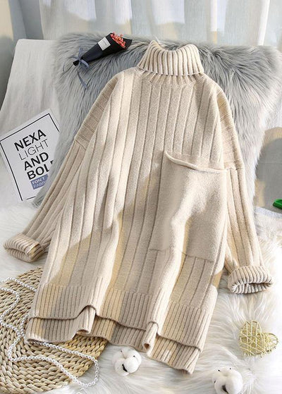 Aesthetic high neck beige knit sweat tops spring fashion low high designknit blouse - SooLinen