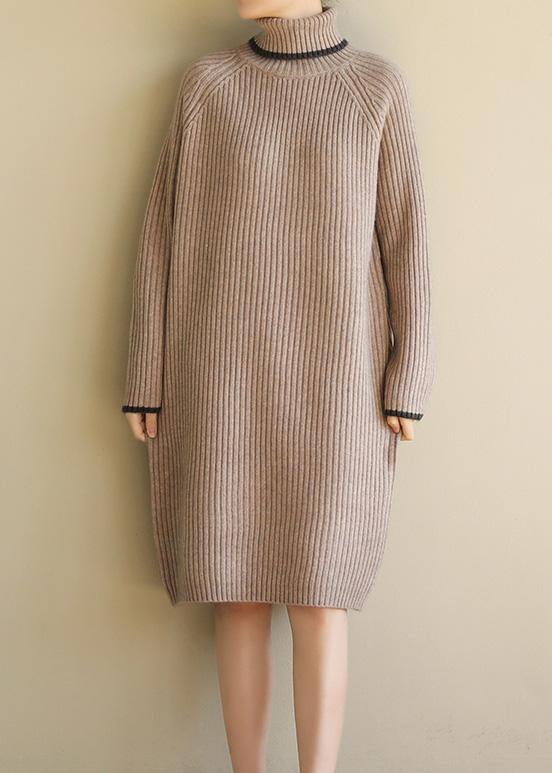 Aesthetic khaki Sweater dress outfit plus size wild tunic high lapel collar knit dress - SooLinen
