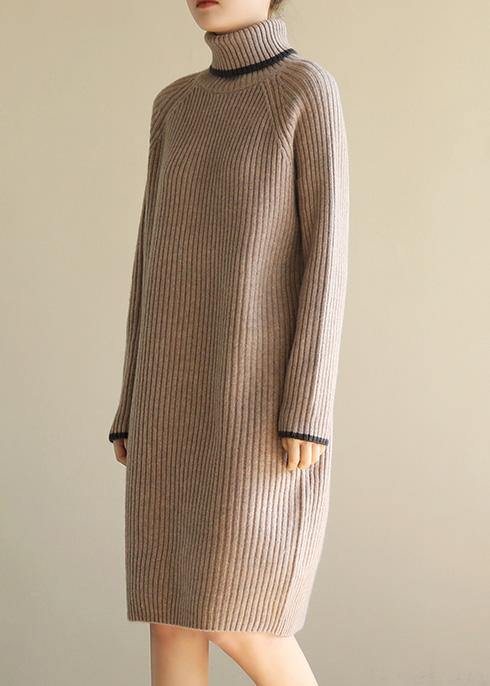 Aesthetic khaki Sweater dress outfit plus size wild tunic high lapel collar knit dress - SooLinen