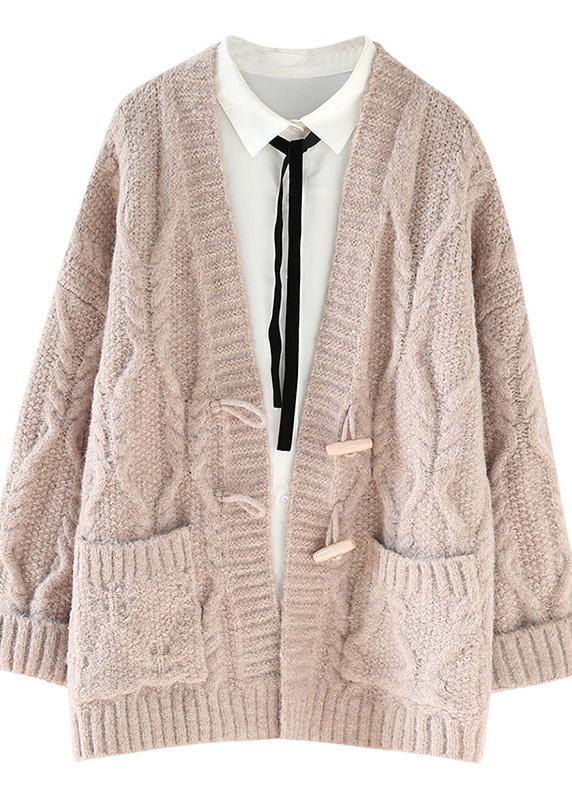 Aesthetic knitwear Loose fitting pink v neck pockets knit cardigans - SooLinen