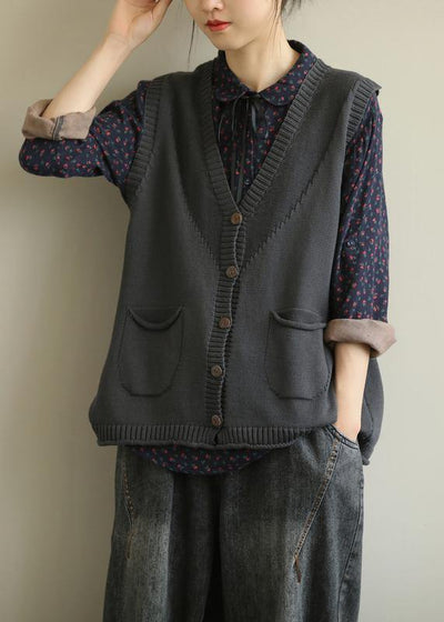 Aesthetic knitwear plus size dark gray v neck sleeveless knitted jackets - SooLinen