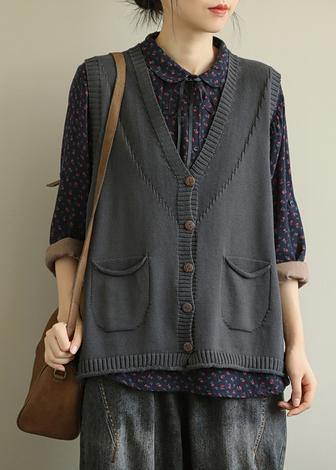 Aesthetic knitwear plus size dark gray v neck sleeveless knitted jackets - SooLinen