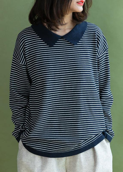 Aesthetic navy striped knitted t shirt lapel collar Loose fitting knitted blouse - SooLinen