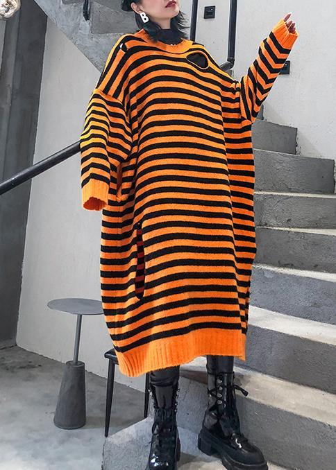 Aesthetic o neck Hole Sweater fall dress DIY orange striped daily knitted dress - SooLinen