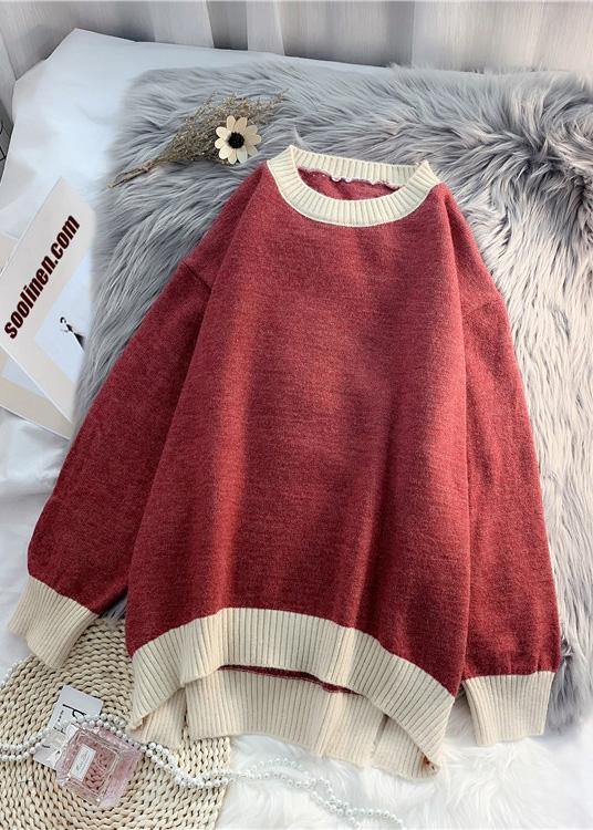 Aesthetic o neck patchwork knitted blouse oversized low high design Sweater Blouse - SooLinen