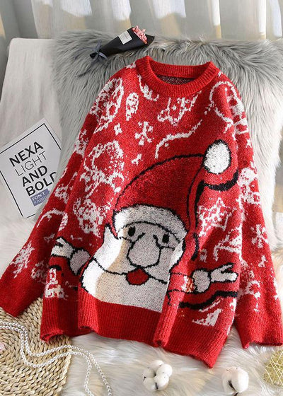 Aesthetic o neck red knit tops oversize Santa Claus top - SooLinen