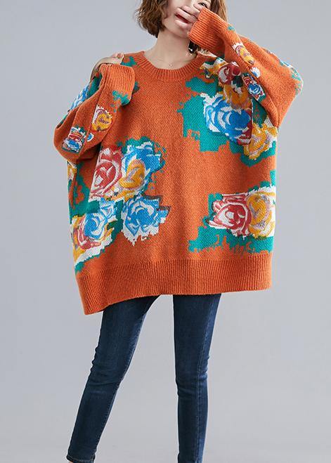 Aesthetic orange print knit tops o neck plus size knitwear - SooLinen