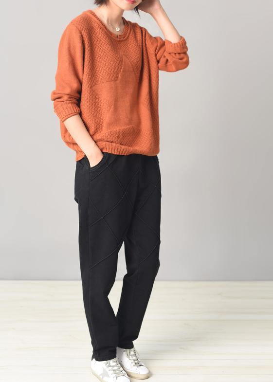 Aesthetic orange sweater fall fashion wild  knitted tops patchwork - SooLinen