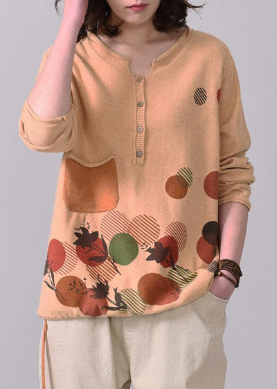 Aesthetic orange yellow prints sweaters oversize long sleeve knitted t shirt v neck - SooLinen