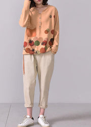 Aesthetic orange yellow prints sweaters oversize long sleeve knitted t shirt v neck - SooLinen