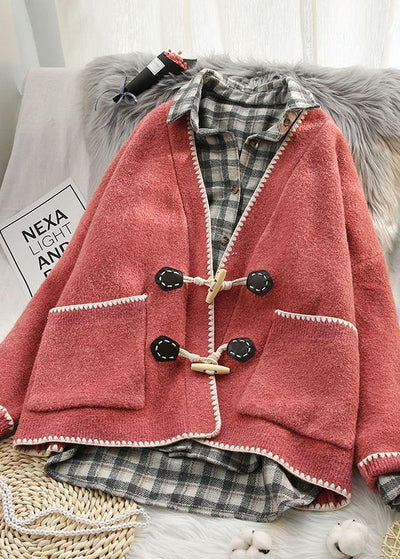 Aesthetic pink knit coats oversized v neck Horn buckle knit outwear - SooLinen
