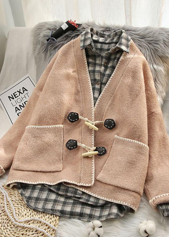 Aesthetic pink knit coats oversized v neck Horn buckle knit outwear - SooLinen