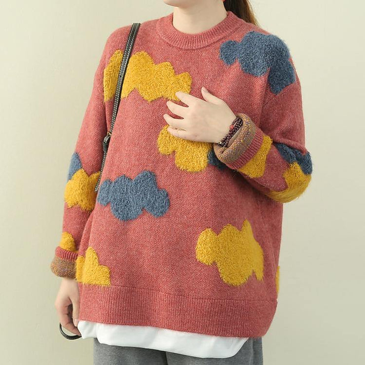 Aesthetic red Cloud Knit Sweaters casual o neck false two pieces knit blouse - SooLinen