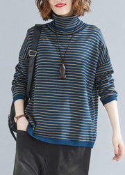 Aesthetic spring blue striped knit tops plus size clothing high neck clothes For Women - SooLinen