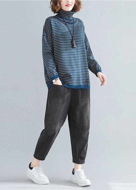Aesthetic spring blue striped knit tops plus size clothing high neck clothes For Women - SooLinen