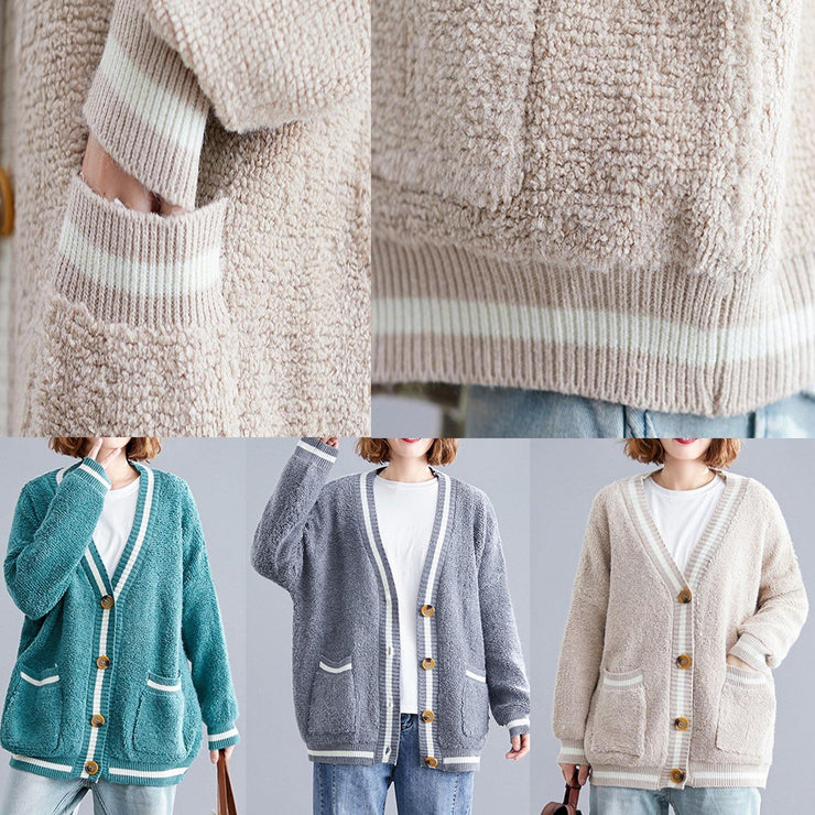 Aesthetic v neck beige knit outwear oversized fall - SooLinen