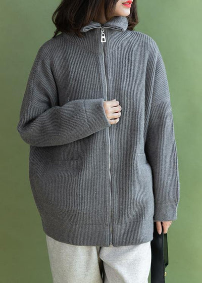 Aesthetic winter knitted coat casual gray zippered - SooLinen