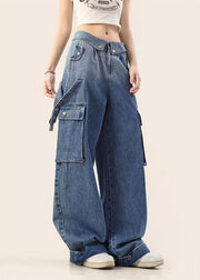 American Style Blue Gradient Pockets Denim Straight Pants Spring