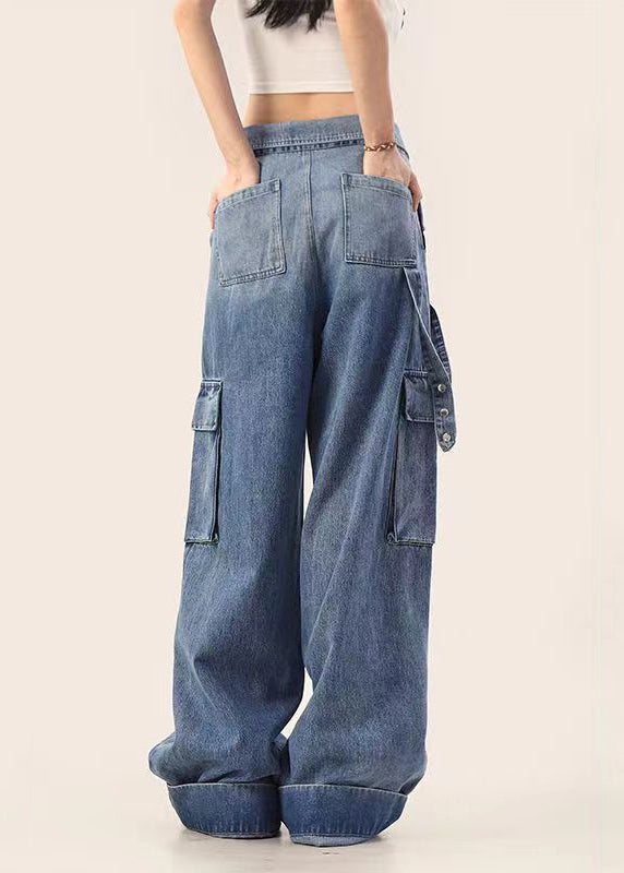 American Style Blue Gradient Pockets Denim Straight Pants Spring