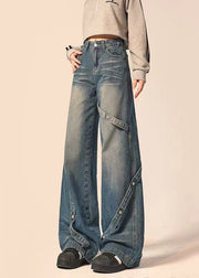 American Style Blue Pockets Patchwork Denim Straight Pants Spring