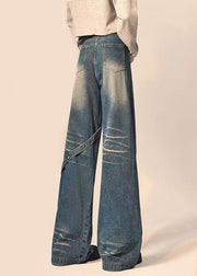 American Style Blue Pockets Patchwork Denim Straight Pants Spring