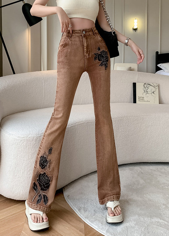 American Style Khaki Embroidered Pockets Denim Flare Bottoms Spring