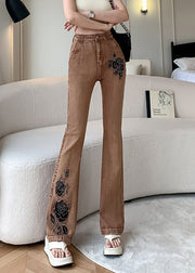 American Style Khaki Embroidered Pockets Denim Flare Bottoms Spring
