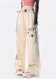 American Style Streetwear Apricot Graphic Drawstring Cotton Straight Pants Spring