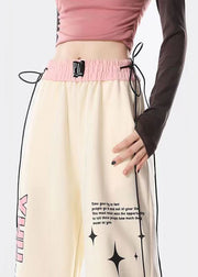 American Style Streetwear Apricot Graphic Drawstring Cotton Straight Pants Spring