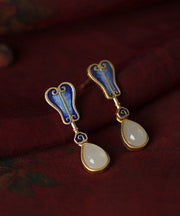 Ancient Blue Inlaid Gold Hetian Jade Ruyi Fan Stud Earrings