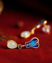 Ancient Blue Inlaid Gold Hetian Jade Ruyi Fan Stud Earrings