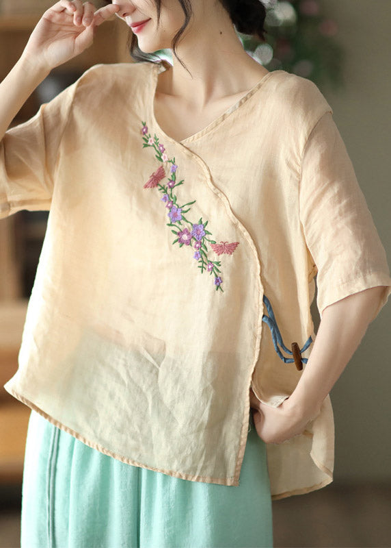Apricot Asymmetrical Drawstring Linen T Shirt Half Sleeve