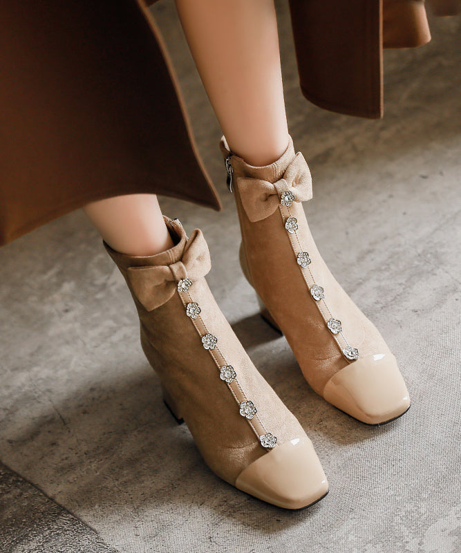 Apricot Bow Floral Zircon Classy Splicing Chunky Boots